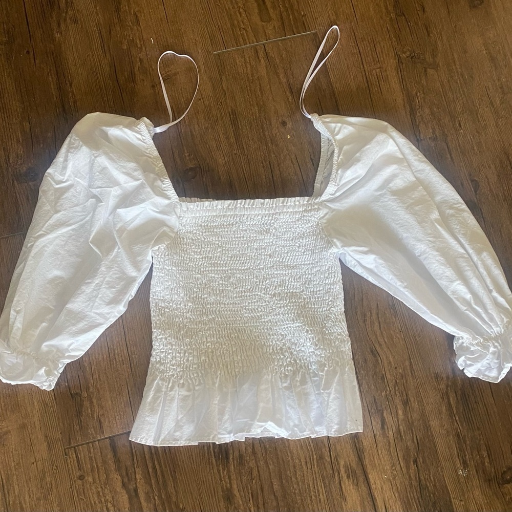 Zara Gray Smocked Puff Sleeve Blouse M